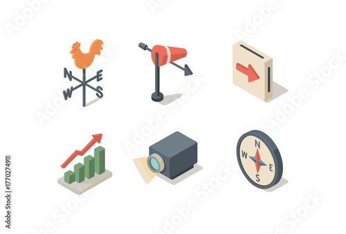 isometric icon items isolated on white background direction wind vane direction airflow sensor direction alignment jig direction histogram chart direction beam projector direction compass