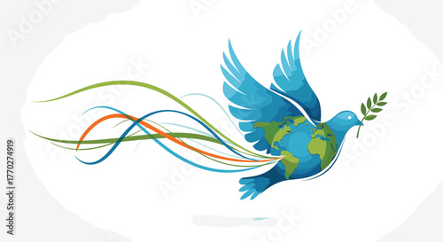 Symbol of global peace and unity, a blue dove carrying an olive branch flies with the Earth integrated into its body, inspiring hope and harmony