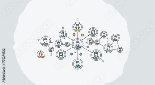 Dynamic network connections link diverse team members, illustrating collaboration and communication in a modern business structure