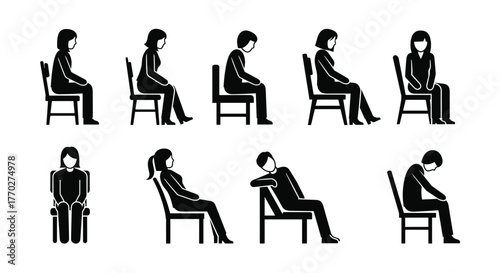 Diverse group of people sitting on chairs displaying various emotions and postures for conceptual representation