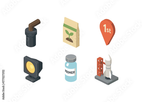 isometric icon items isolated on white background beginning ignition coil beginning seed packet beginning first step marker beginning dawn beam projector beginning primer vial beginning