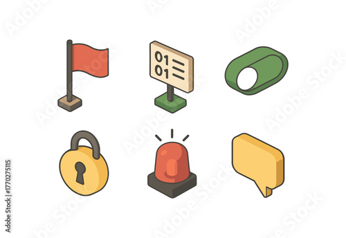 isometric icon items isolated on white background sign marker flag sign bit register sign toggle switch sign encryption seal sign signal lamp sign annotation tag