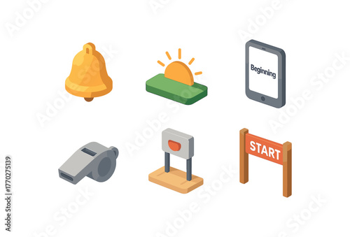 isometric icon items isolated on white background beginning commencement bell beginning crest horizon beginning tablet beginning kickoff whistle beginning threshold sensor beginning start