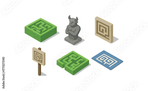 isometric icon items isolated on white background labyrinth hedge maze map labyrinth minotaur statue labyrinth panel labyrinth path marker labyrinth aerial view labyrinth blueprint grid