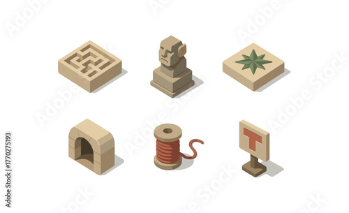 isometric icon items isolated on white background labyrinth trial puzzle labyrinth guardian sculpture labyrinth compass rose labyrinth secret alcove labyrinth navigation thread labyrinth