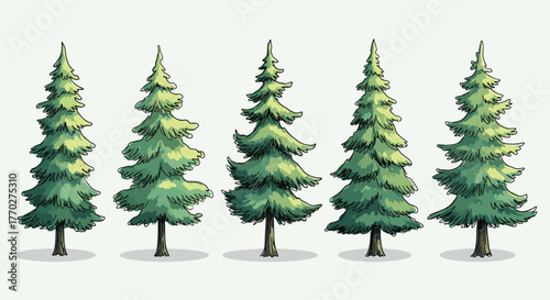 Five vibrant green pine trees stand tall in a stylized, natural forest setting, perfect for any nature-themed project