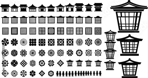 Japanese design elements, traditional architecture, cultural motifs, roof silhouette, lantern icon, family crest, vector illustration, heritage art, black graphic