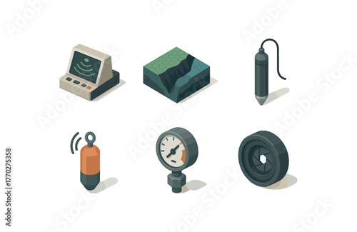 isometric icon items isolated on white background depth acoustic sonar depth ocean trench map depth borehole probe depth sonar pinger depth pressure sensor depth aperture lens
