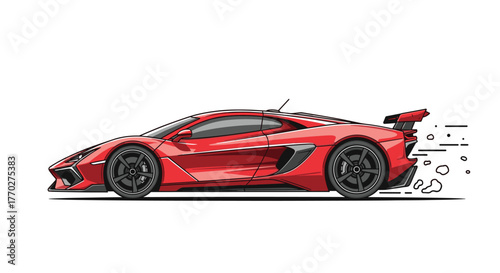 Dynamic red sports car speeding with motion blur and dust trails, capturing exhilaration and high performance adventure
