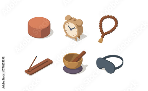 isometric icon items isolated on white background meditation cushion pad meditation timer alarm meditation mantra beads meditation incense holder meditation singing bowl meditation eye mask