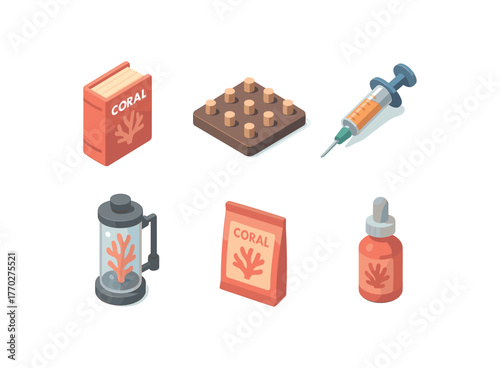 isometric icon items isolated on white background coral taxonomy guidebook coral frag plug holder coral feeding syringe coral calcium reactor tube coral nutrient supplement packet coral