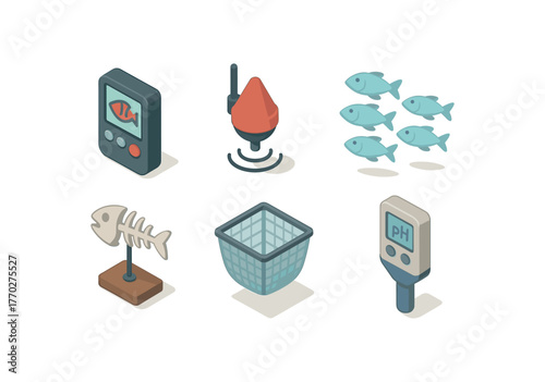 isometric icon items isolated on white background fish gill scanner device fish sonar tracker buoy fish school simulation model fish skeleton mount display fish breeding net mesh fish pH