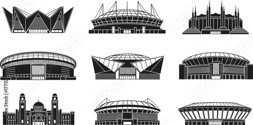 Stadium icon set, arena vector collection, architectural design, sports venue, concert hall, black silhouette, modern structure, graphic elements