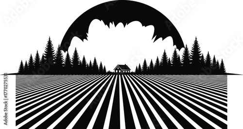 Symmetrical landscape illustration, pine forest, farmhouse scene, black and white vector, cultivated field, nature design, mountain shape, graphic art
