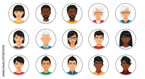 Diverse group of people portraits showcasing varied ages, genders, and ethnicities in a clean, modern style for professional use