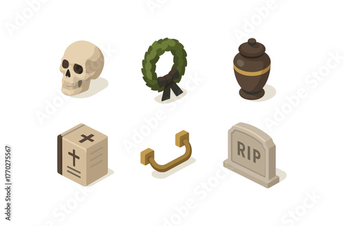 isometric icon items isolated on white background death skull replica death mourning wreath death funeral urn death obituary ledger death coffin handle death epitaph plaque