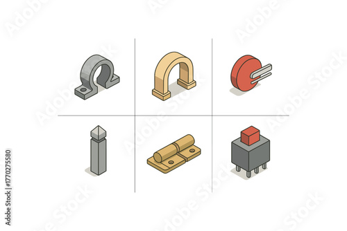 isometric icon items isolated on white background bracket collar span arch circuit terminator boundary post pivot hinge relay latch