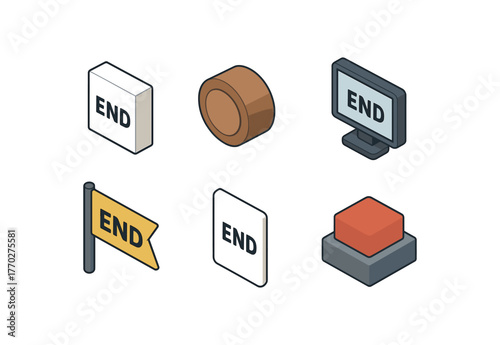 isometric icon items isolated on white background of line marker cap plug game screen sequence flag of file token stop switch