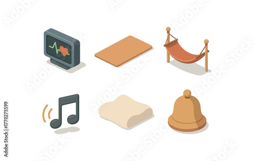 isometric icon items isolated on white background rest heartbeat monitor rest meditation mat rest hammock cradle rest lullaby tune rest contour pillow rest tranquility bell