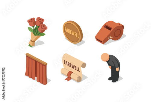 isometric icon items isolated on white background farewell rose bouquet farewell memory token farewell departing whistle farewell closing curtain farewell valediction scroll farewell final