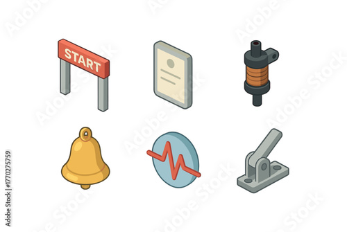 isometric icon items isolated on white background beginning start gate beginning tablet beginning ignition coil beginning inaugural bell beginning arousal pulse beginning trigger latch