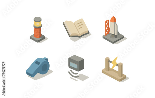 isometric icon items isolated on white background beginning dawn beacon beginning primer sequence beginning launch pad beginning kickoff whistle beginning threshold sensor beginning spark
