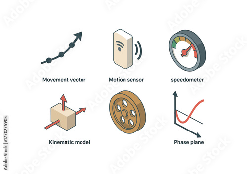 isometric icon items isolated on white background movement vector path movement motion sensor movement speedometer gauge movement kinematic model movement inertia wheel movement phase plane