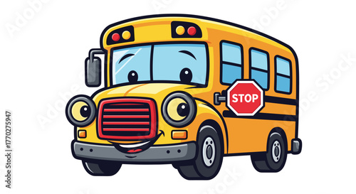 Cheerful cartoon school bus with a friendly face and stop sign, ready for educational adventures and student transport