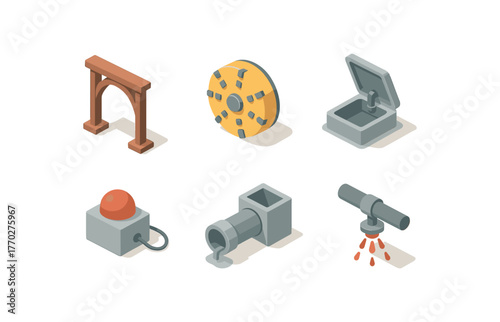 isometric icon items isolated on white background tunnel support beam tunnel boring machine cutter tunnel access hatch tunnel seismic sensor tunnel drainage system tunnel fire suppression