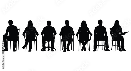 Diverse group of people silhouetted sitting in chairs awaiting opportunity or decision in a professional setting