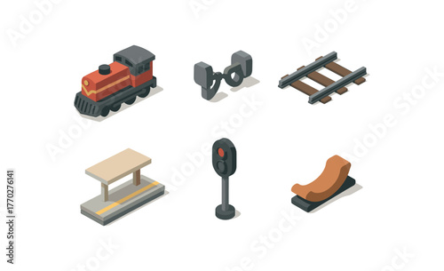 isometric icon items isolated on white background train locomotive engine train carriage coupling train track rail train station platform train signaling lamp train brake shoe