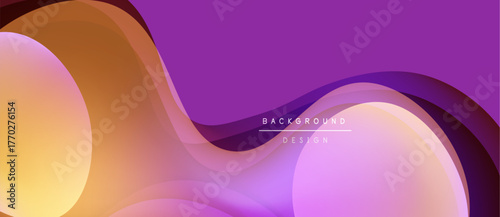 Abstract fluid shapes blend, creating vibrant purple, orange gradients. Modern design evokes movement, energy, sophistication. Background text reads background design.