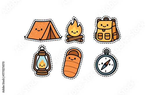 cute camping set with bold black outline and dotted border including tent campfire backpack lantern sleeping bag and compass simple details minimal style isolated on white background