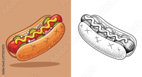 Craving classic comfort food? Savor this delicious, fully loaded hot dog artwork, bursting with flavor and perfect for your next project