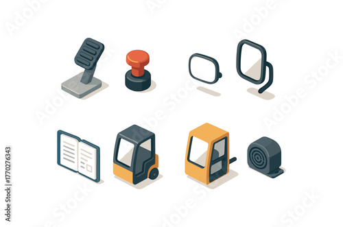 isometric icon items isolated on white background forklift operator foot pedal forklift operator horn button forklift operator rearview mirror forklift operator maintenance log forklift