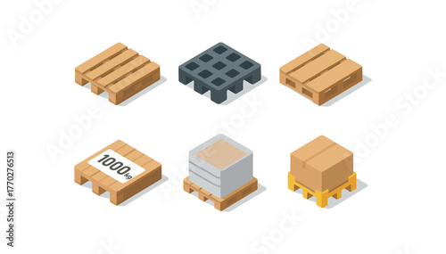 isometric icon items isolated on white background pallet wooden deck pallet plastic pallet forklift pocket pallet load capacity label pallet shrink wrap pallet corner protector