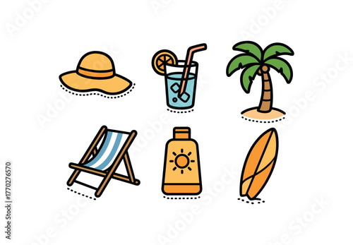 cute sunny weather set with bold black outline and dotted border including sun hat cold drink palm tree beach chair sunscreen and surfboard simple details minimal style isolated on white