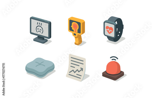 isometric icon items isolated on white background stress fatigue monitor stress thermal imager stress heart rate monitor stress resilient cushion stress event log stress alarm bell