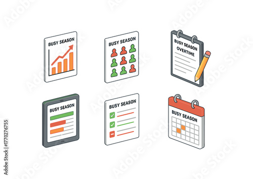 isometric icon items isolated on white background busy season peak forecast graph busy season staffing plan busy season overtime register busy season demand tracker busy season order