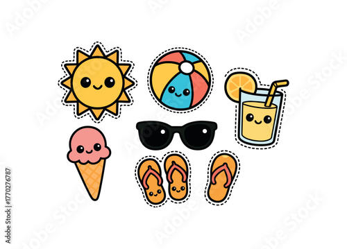 cute summer season set with bold black outline and dotted border including sun beach ball ice cream sunglasses flip flops and lemonade simple details big round eyes minimal style isolated