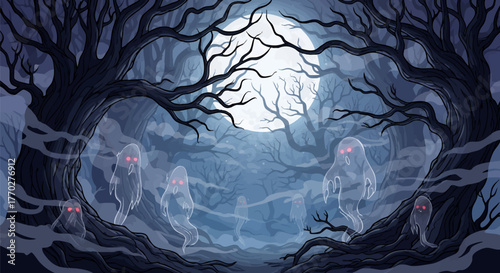 Eerie illustration of glowing-eyed ghosts floating through a dark, misty forest at night under a full moon.