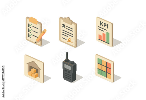 isometric icon items isolated on white background logistics coordinator vendor list logistics coordinator carrier contract logistics coordinator KPI report logistics coordinator warehouse