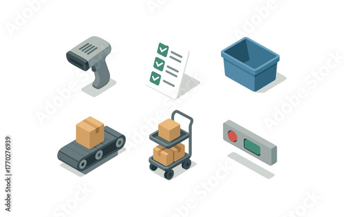 isometric icon items isolated on white background picker selection scanner picker picklist sheet picker order tote picker conveyor belt zone picker picking cart picker pick to light display