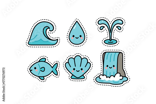 cute water element set with bold black outline and dotted border including wave droplet fountain fish seashell and waterfall simple details minimal style isolated on white background