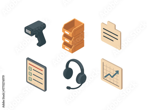 isometric icon items isolated on white background picker barcode gun picker storage bins picker index card picker assignment board picker voice headset picker performance chart