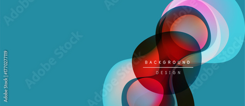 Abstract shapes overlap, creating vibrant color gradients. Blue background complements pinks, reds, whites. Modern design element.