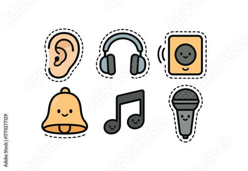 cute sense of hearing set with bold black outline and dotted border including ear headphones speaker bell musical note and microphone simple details minimal style isolated on white