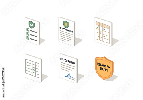 isometric icon items isolated on white background responsibility checklist responsibility report form responsibility matrix responsibility assignment chart responsibility sign off sheet