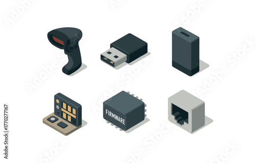 isometric icon items isolated on white background barcode scanner USB dongle barcode scanner battery pack barcode scanner sensor array barcode scanner firmware module barcode scanner status