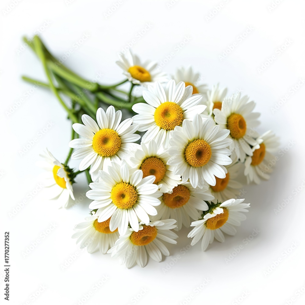 Obraz premium A bouquet of white chamomile flowers with yellow centers is arranged on a clean white background. Their delicate petals and vibrant hues convey natural beauty and freshness.